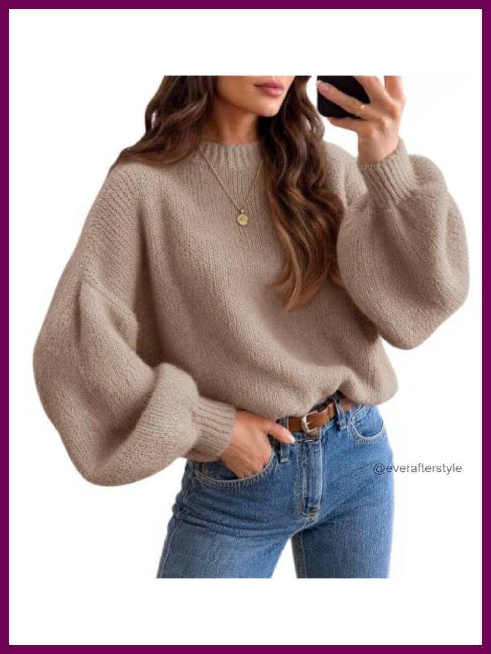 Slouchy Soft Knit Pullover Sweater Crew Neck Lantern Sleeve Winter Top